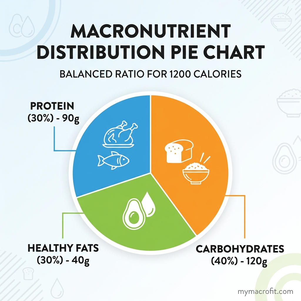 1200 calorie meal plan chart — calorie and protein breakdown across breakfast, snacks, lunch, and dinner