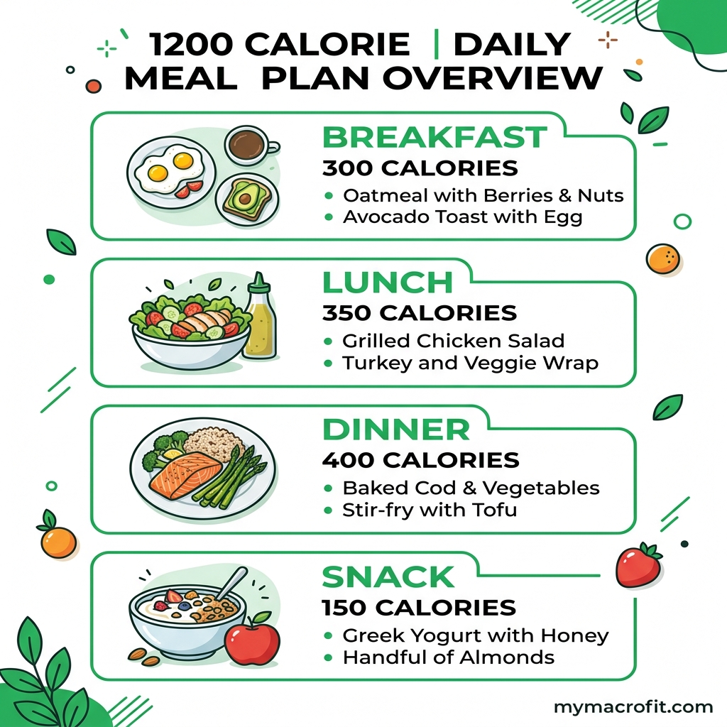 1200 calorie meal plan infographic — daily meal breakdown, macro targets, and who this calorie level is appropriate for