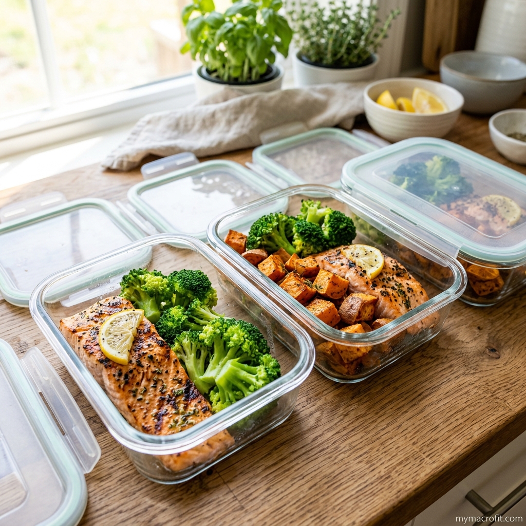 1200 calorie meal plan foods — baked cod, Greek yogurt bowl, tuna salad, and portion-controlled containers