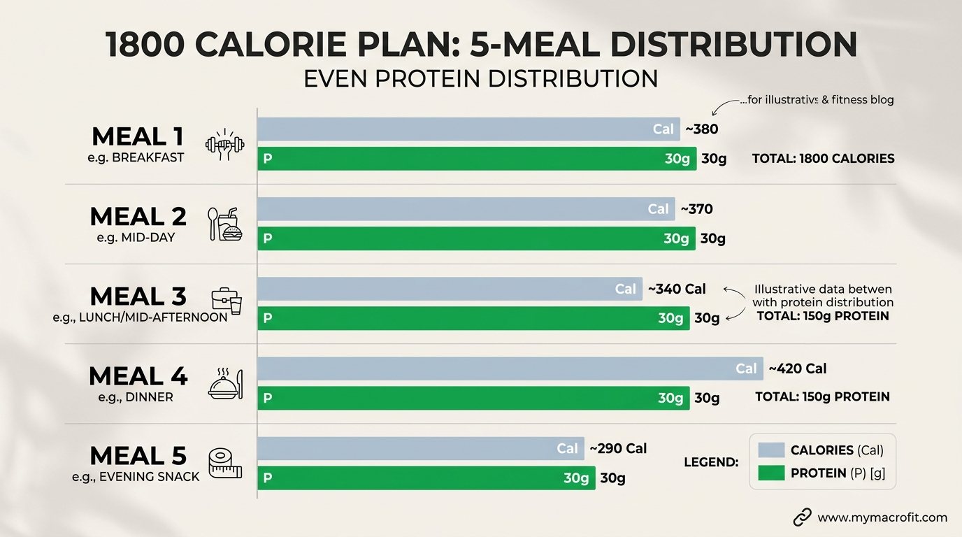 1800 calorie meal plan macro breakdown by meal, showing calorie and protein distribution through the day