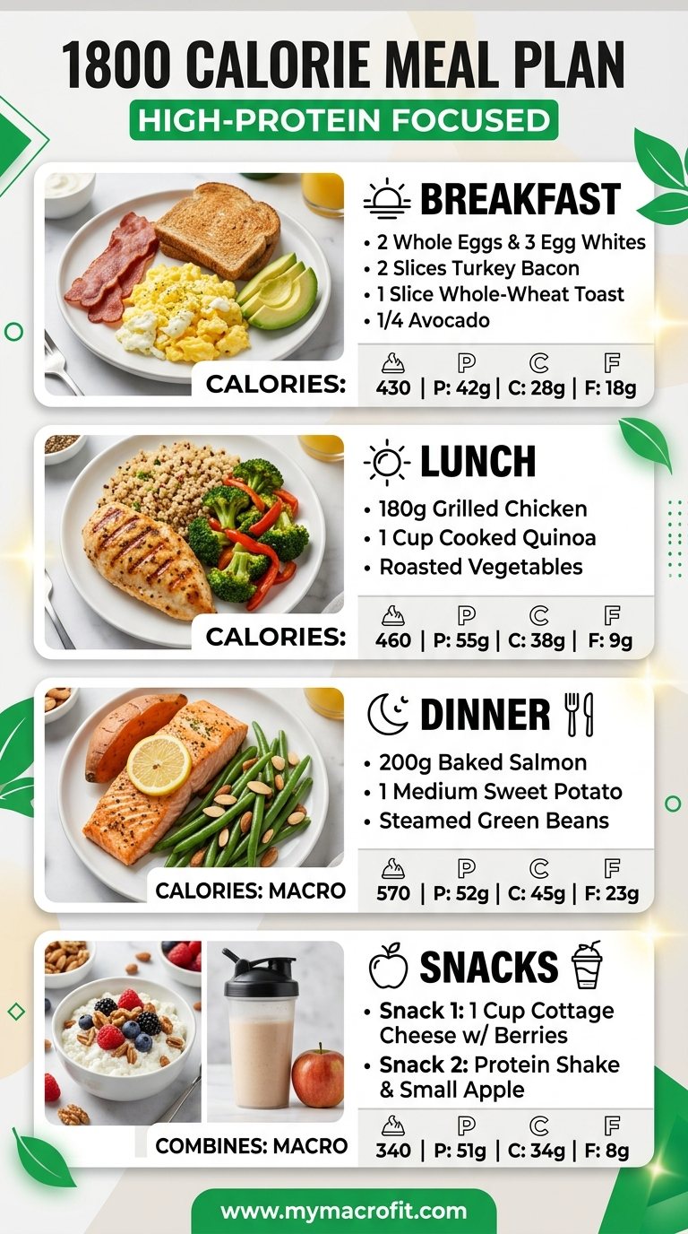 1800 calorie meal plan, full day of eating with macros for breakfast, lunch, dinner and snacks