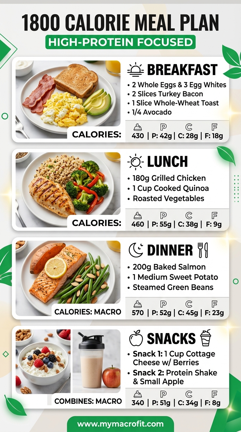 1800 calorie meal plan, full day of eating with macros for breakfast, lunch, dinner and snacks