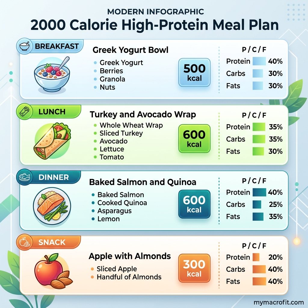 2000 calorie meal plan infographic, daily macro targets, meal breakdown, and who 2,000 kcal is appropriate for