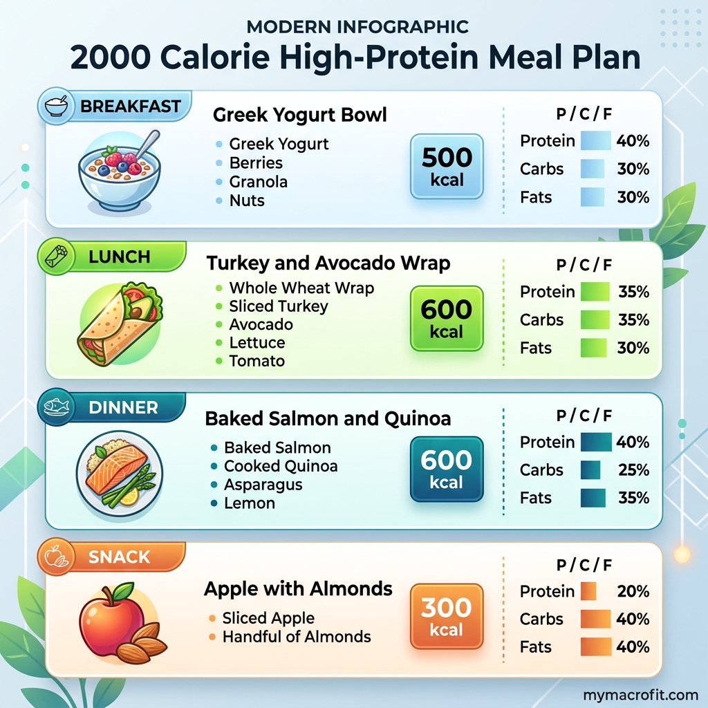 2000 calorie meal plan infographic — daily macro targets, meal breakdown, and who 2,000 kcal is appropriate for