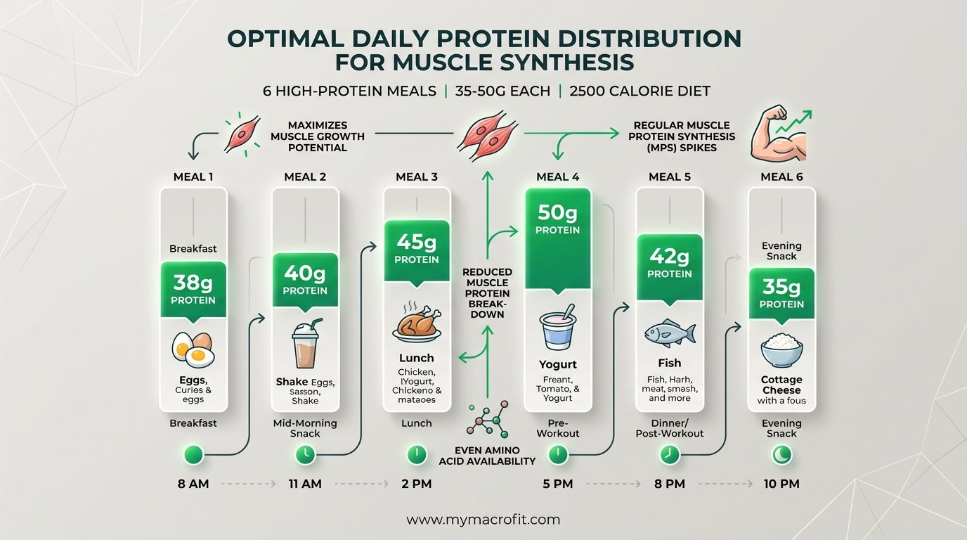 2500 calorie meal plan breakdown, calorie and protein distribution across 6 meals for muscle building