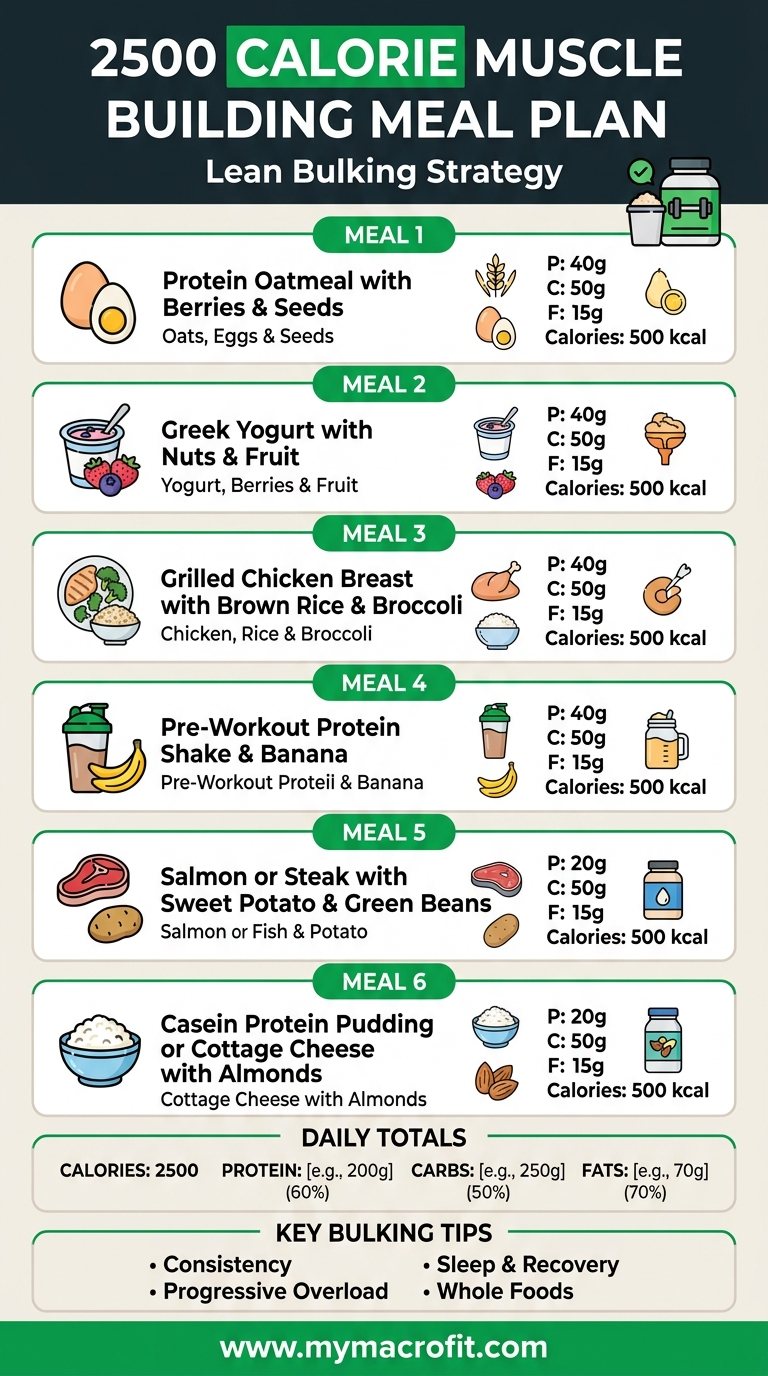 2500 calorie muscle building meal plan, full day of eating with macro breakdown for lean bulking