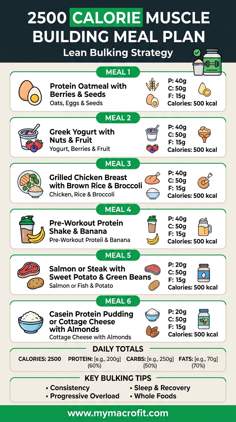2500 calorie muscle building meal plan, full day of eating with macro breakdown for lean bulking