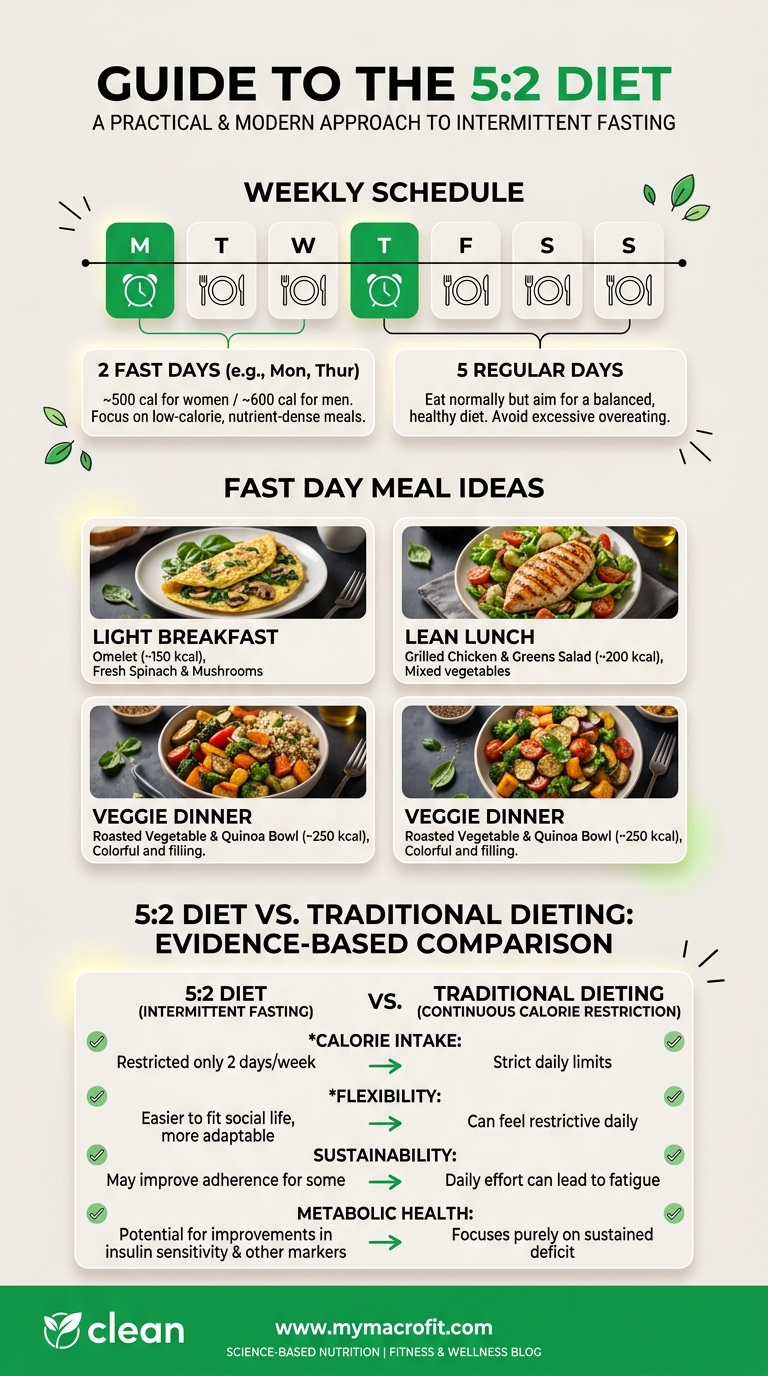 5:2 diet guide, how it works, fast day meal ideas, evidence comparison with continuous restriction and who it suits