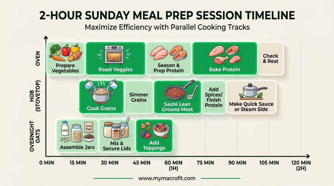 Meal prep session timeline, step-by-step 2-hour Sunday prep with what to cook in parallel