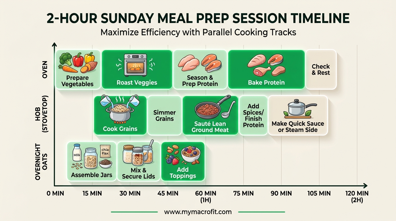 Meal prep session timeline, step-by-step 2-hour Sunday prep with what to cook in parallel