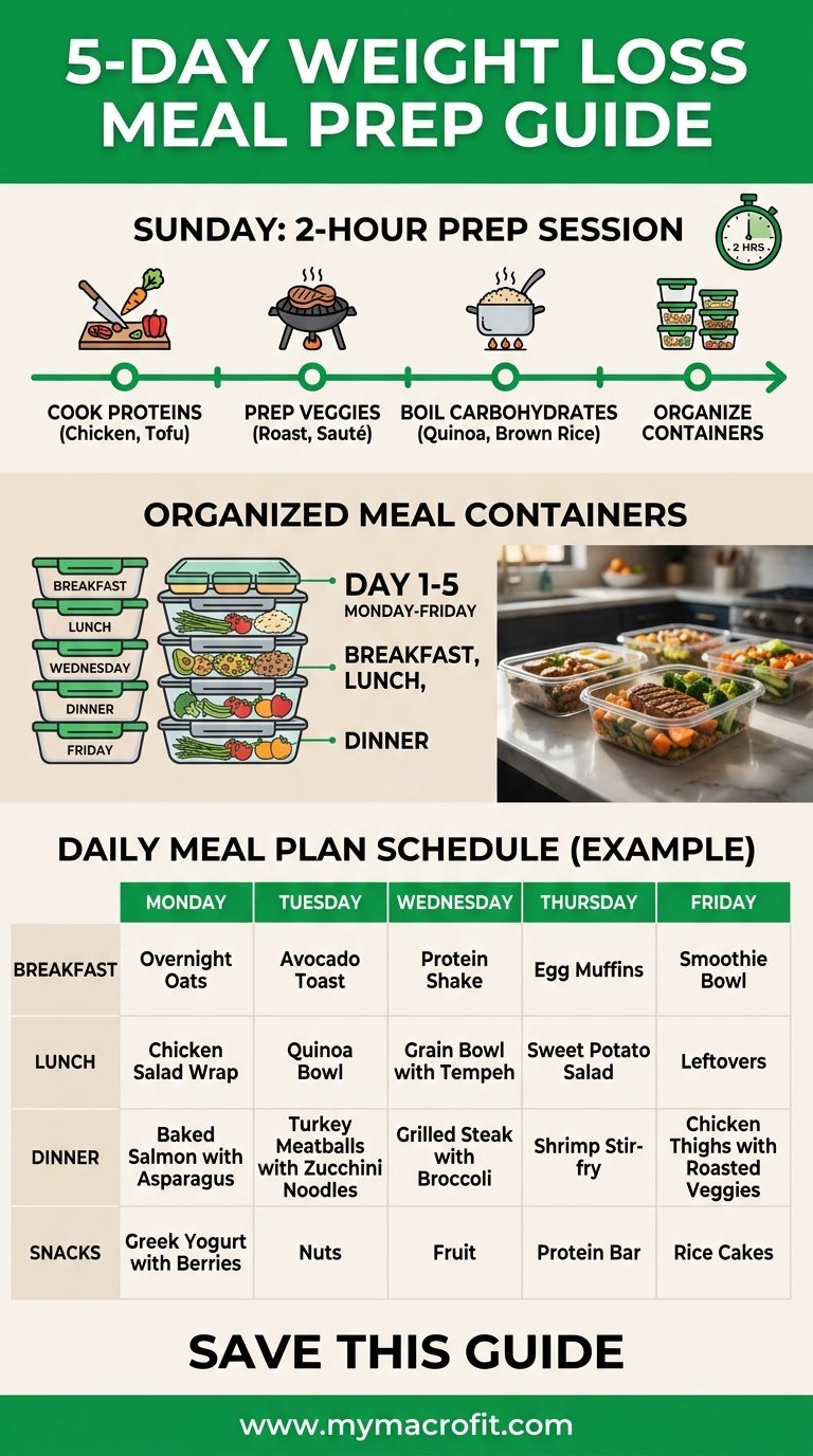 5-day weight loss meal prep guide, 2-hour Sunday prep session, containers, storage, and daily meal plan