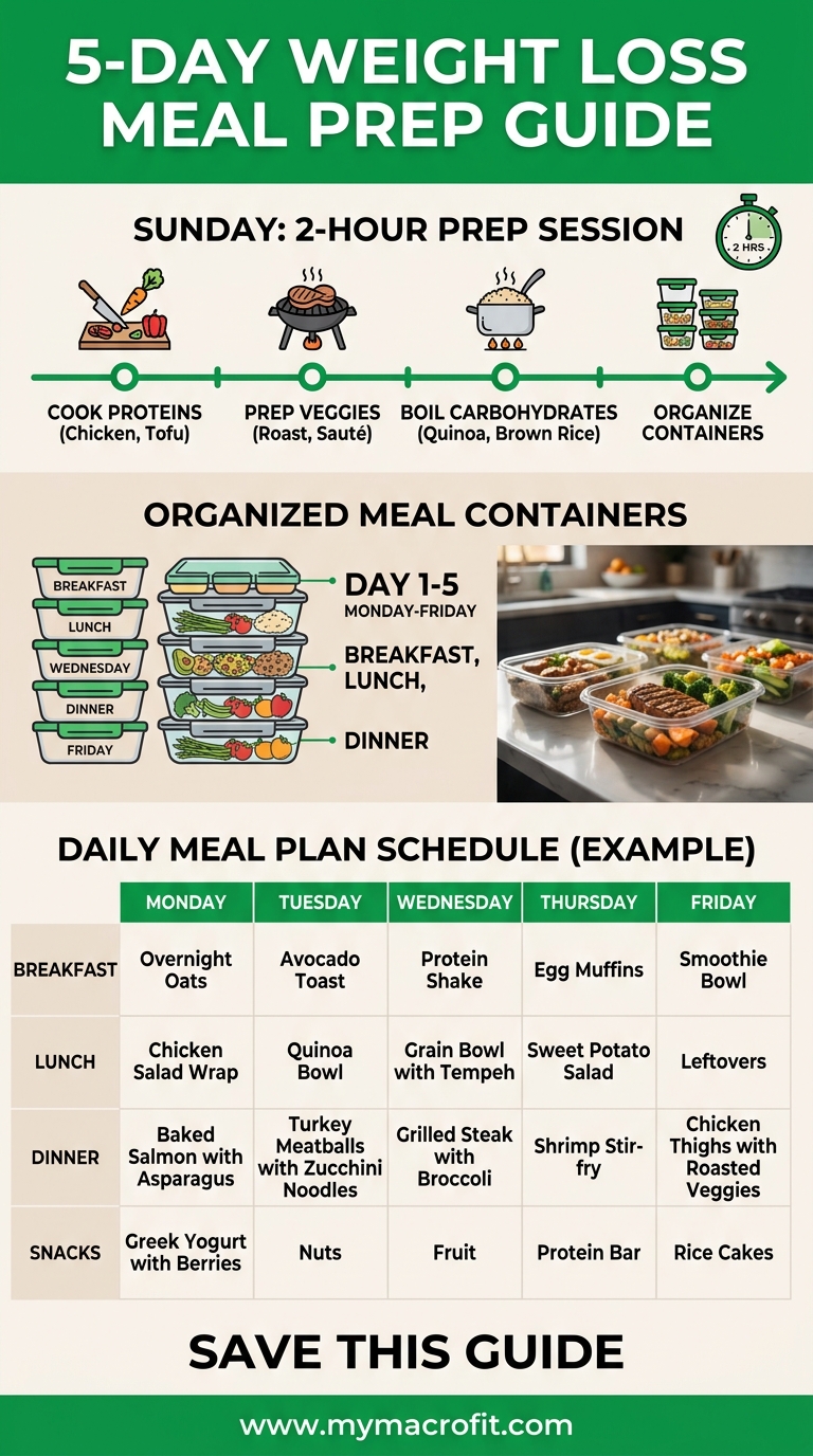 5-day weight loss meal prep guide, 2-hour Sunday prep session, containers, storage, and daily meal plan