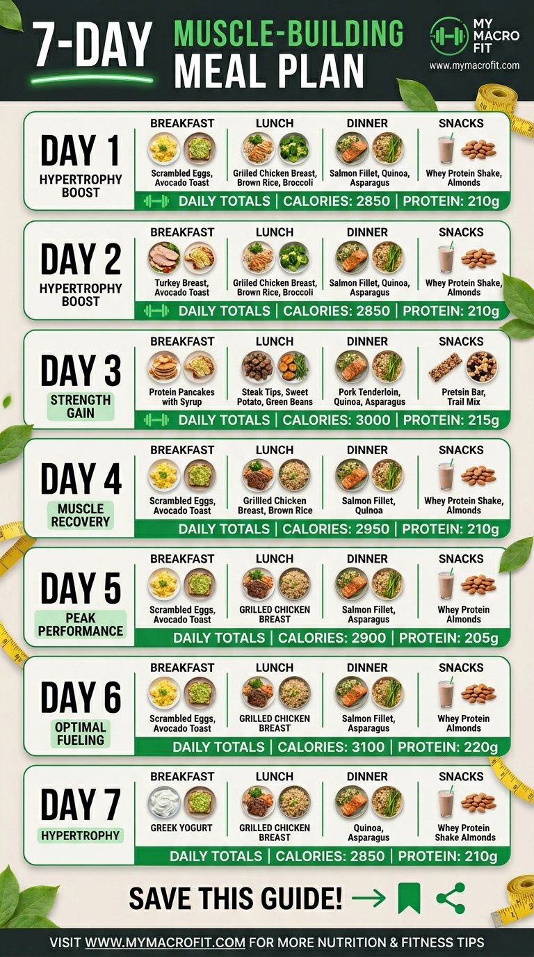 7-day muscle building meal plan, daily meals with calorie and protein breakdown for each day