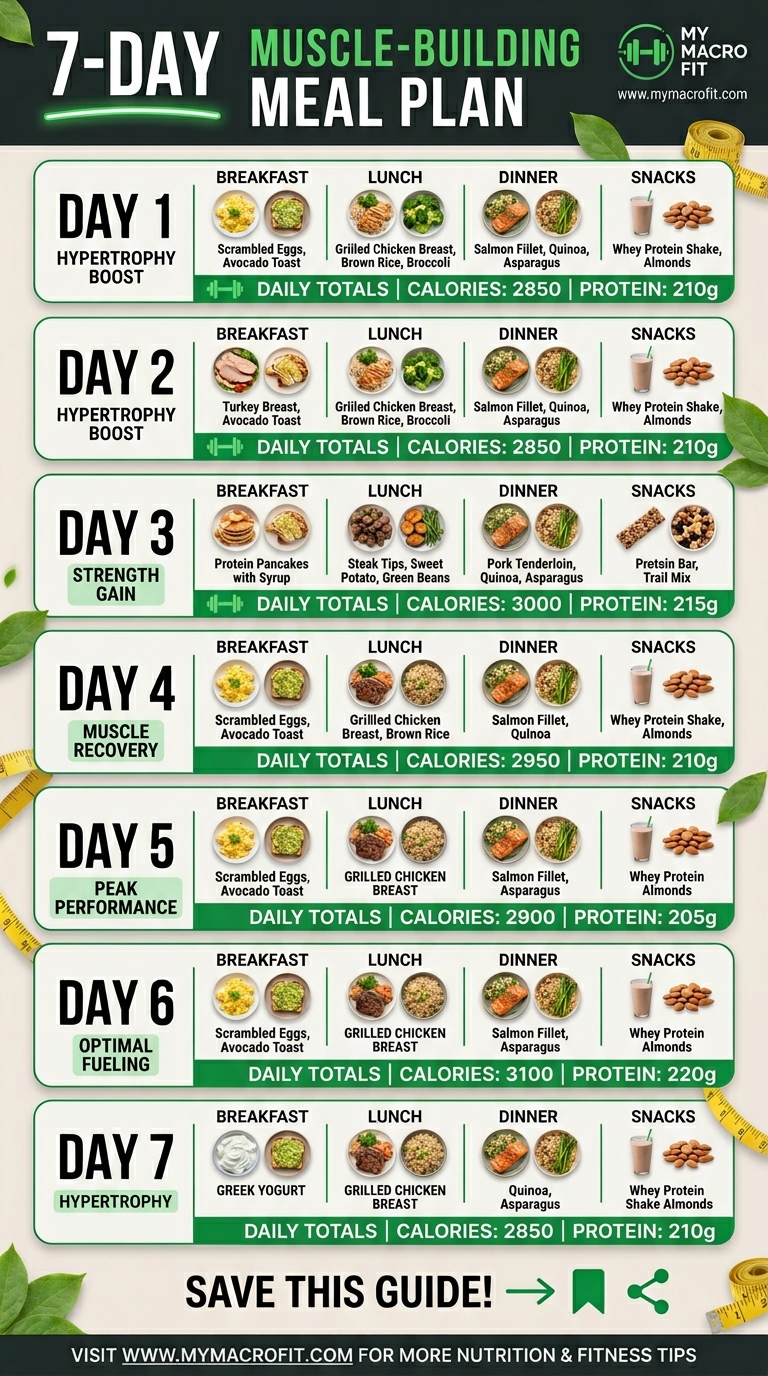 7-day muscle building meal plan, daily meals with calorie and protein breakdown for each day