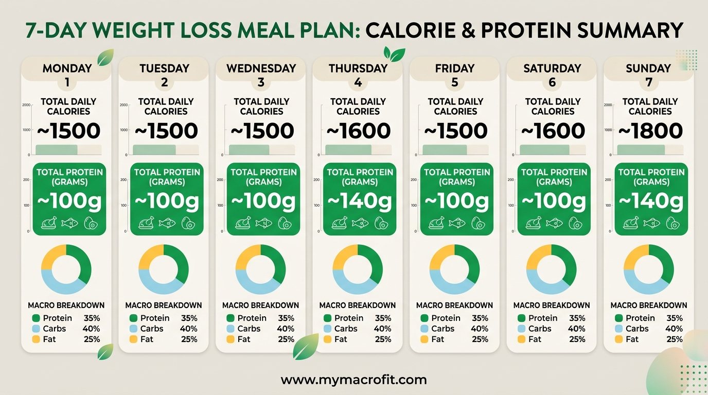 7-day weight loss meal plan calorie and protein summary, daily totals with macro breakdown