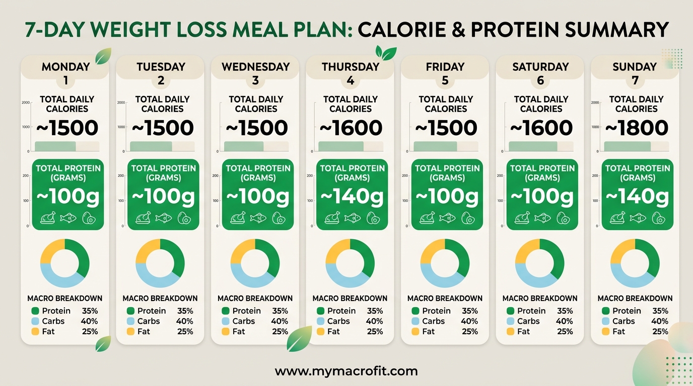 7-day weight loss meal plan calorie and protein summary, daily totals with macro breakdown