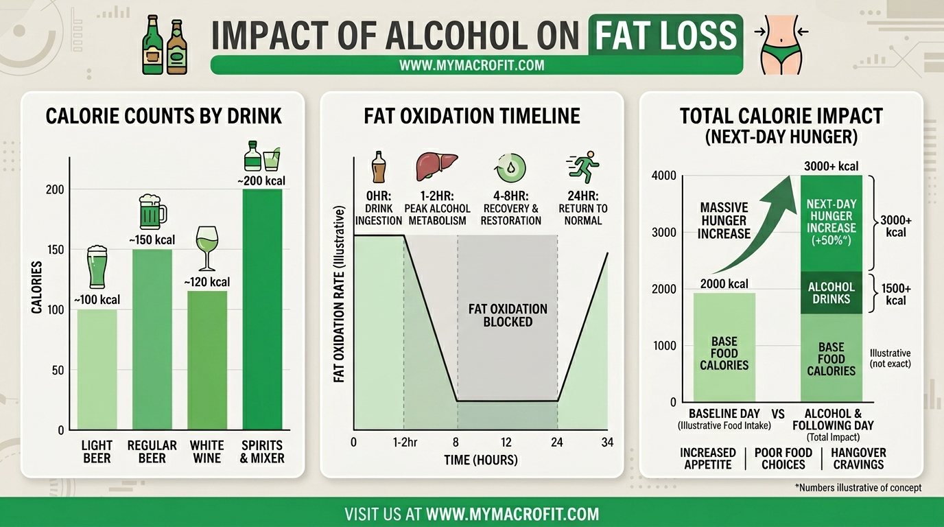 Alcohol impact on fat loss, calorie comparison by drink, effect on fat oxidation timeline, and next-day impact