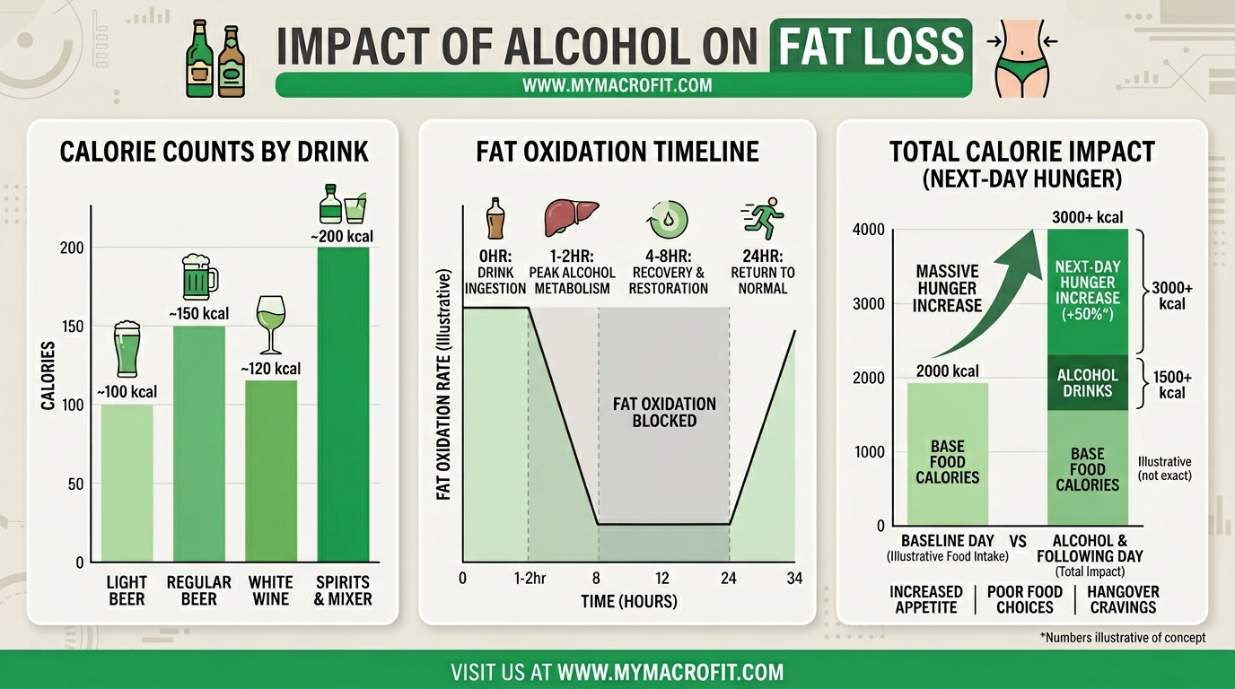 Alcohol impact on fat loss, calorie comparison by drink, effect on fat oxidation timeline, and next-day impact