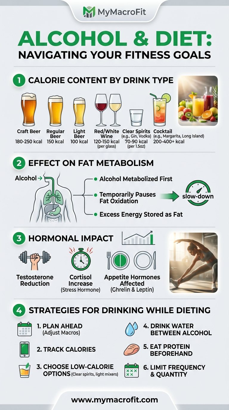 Alcohol and diet, calorie content by drink, effect on fat metabolism, hormonal impact and strategies for drinking with goals