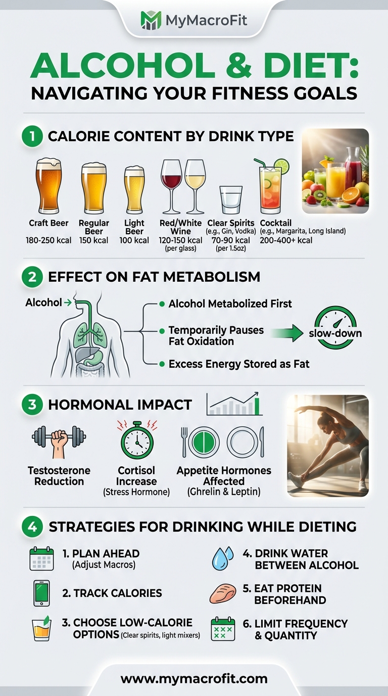 Alcohol and diet, calorie content by drink, effect on fat metabolism, hormonal impact and strategies for drinking with goals