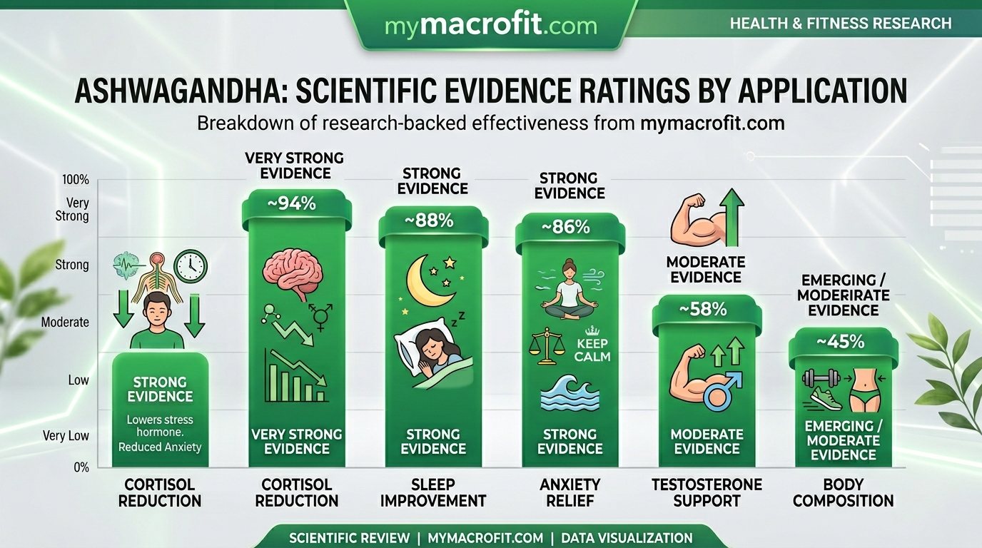 Ashwagandha evidence ratings by application, cortisol, sleep, testosterone, body composition and anxiety