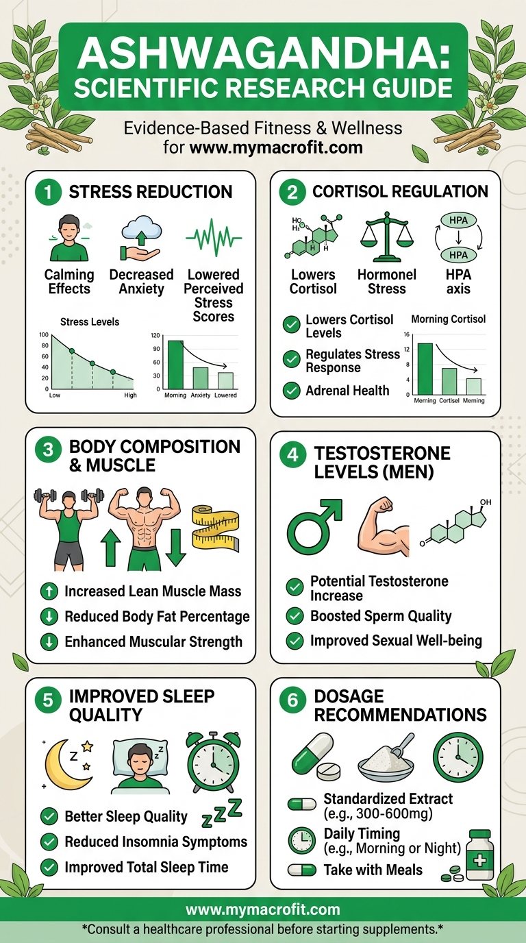 Ashwagandha research guide, stress, cortisol, body composition, testosterone and sleep evidence with dosage