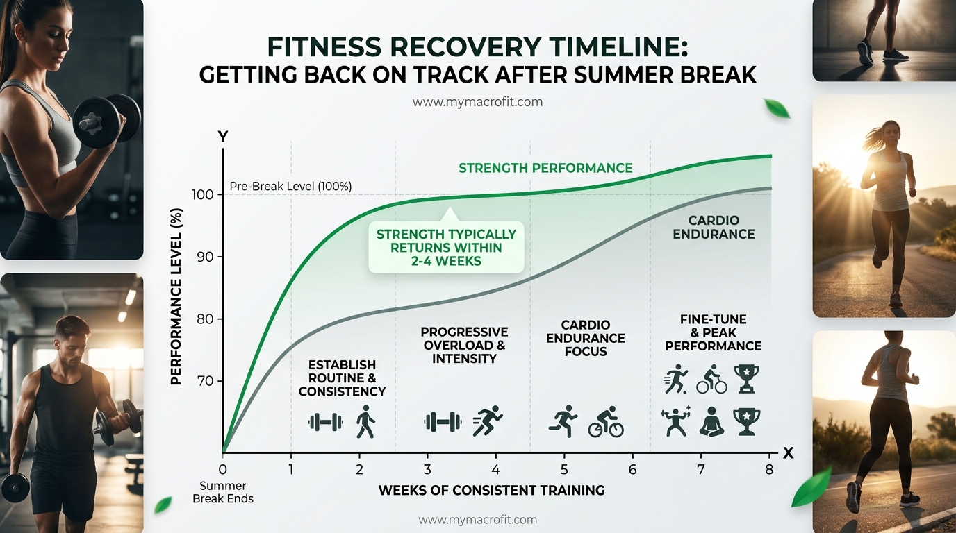 Fitness return timeline after summer break, showing how strength and cardio recover over 4-8 weeks of consistent training