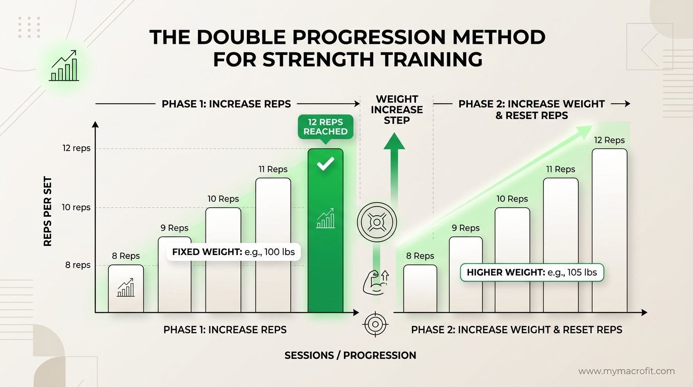Double progression method illustrated, showing rep progression from bottom to top of range, then weight increase