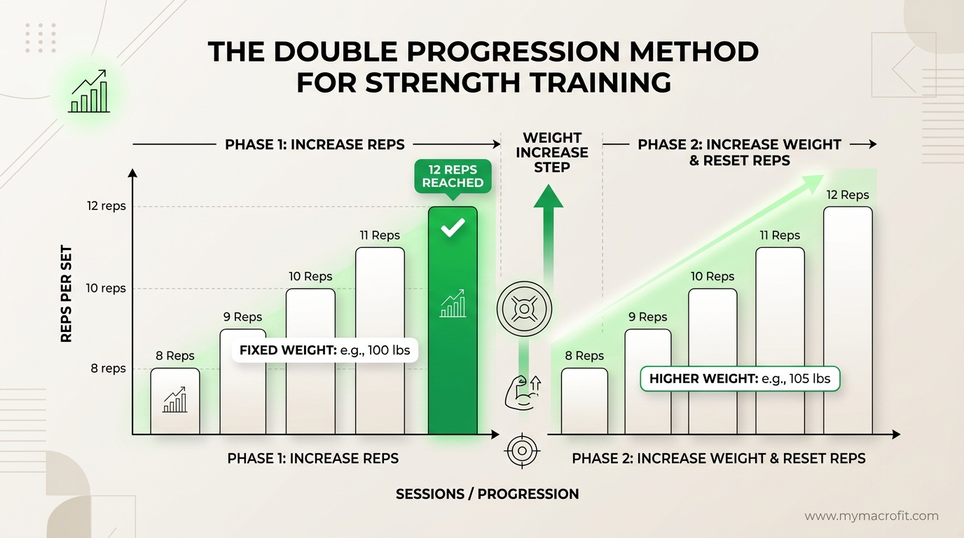 Double progression method illustrated, showing rep progression from bottom to top of range, then weight increase