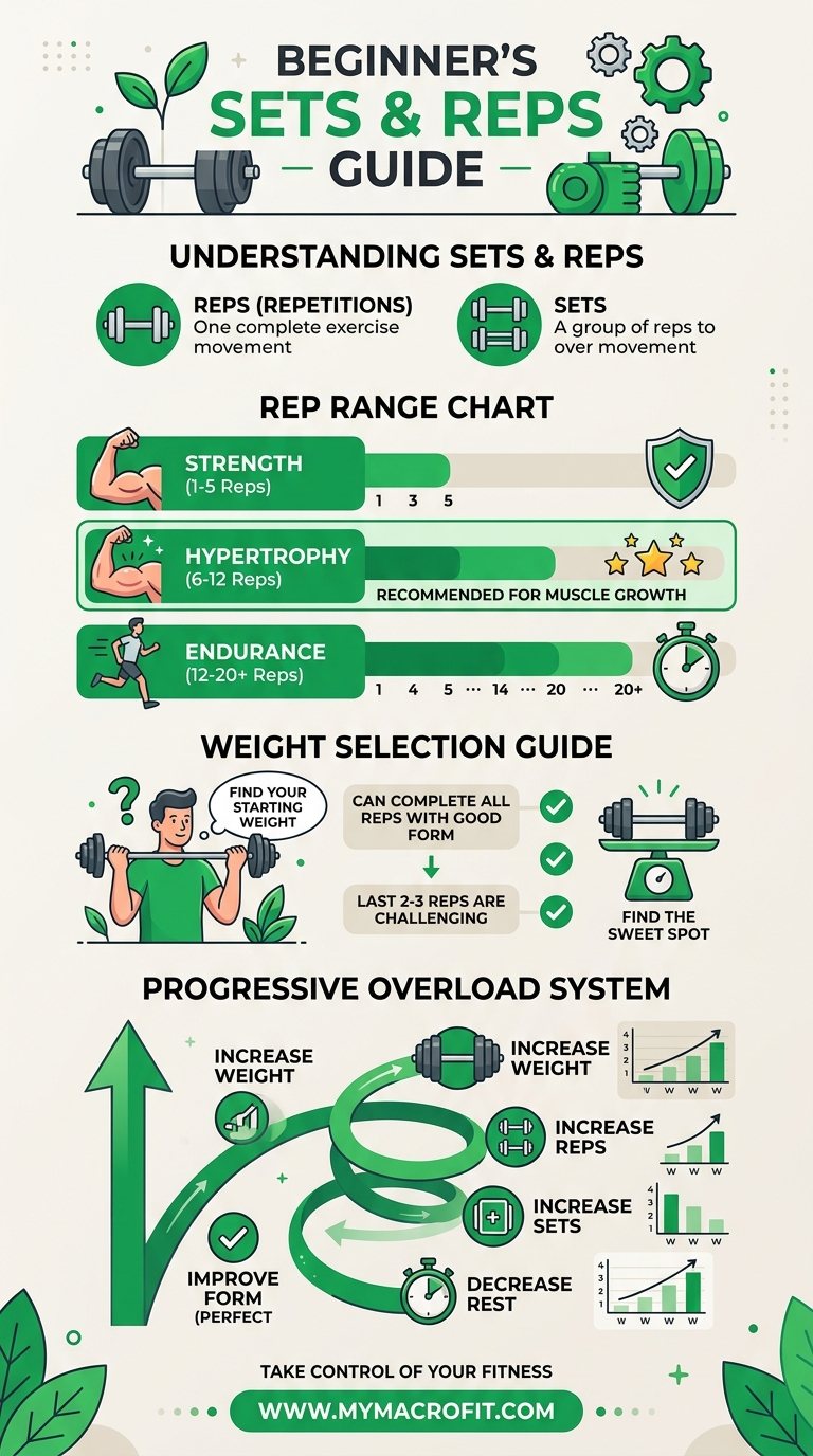 Sets and reps guide for beginners, rep range chart, weight selection guide, and progressive overload system