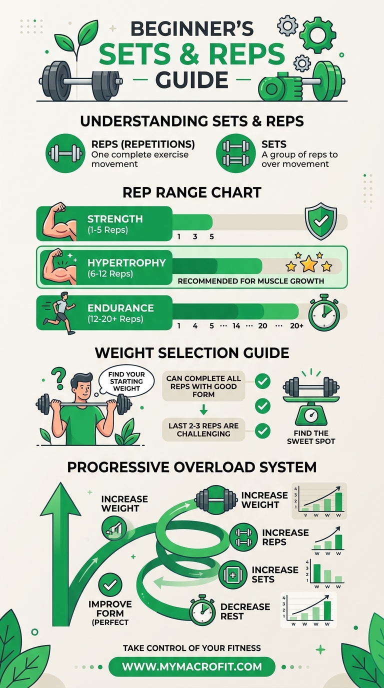 Sets and reps guide for beginners, rep range chart, weight selection guide, and progressive overload system