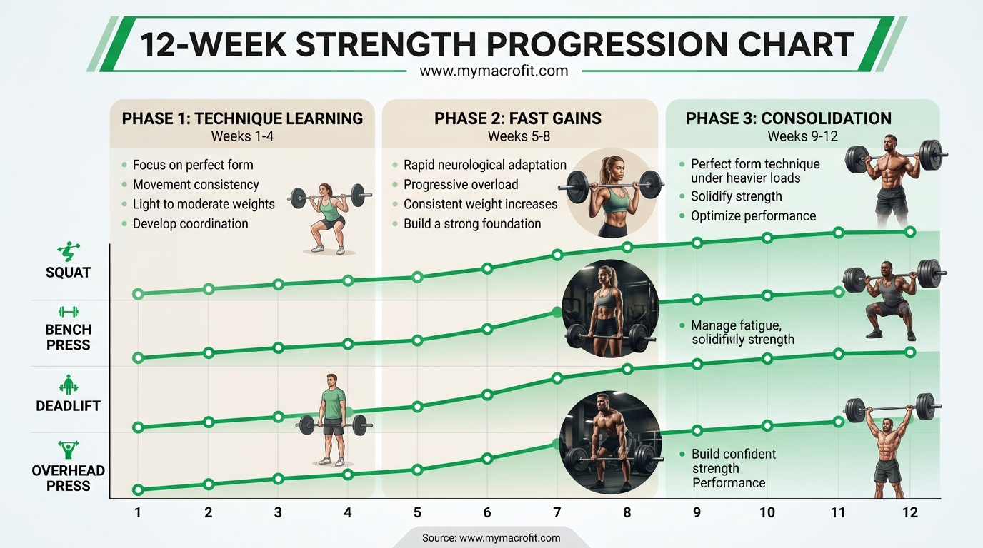12-week strength progression chart, showing expected strength increases across squat, bench, deadlift and overhead press