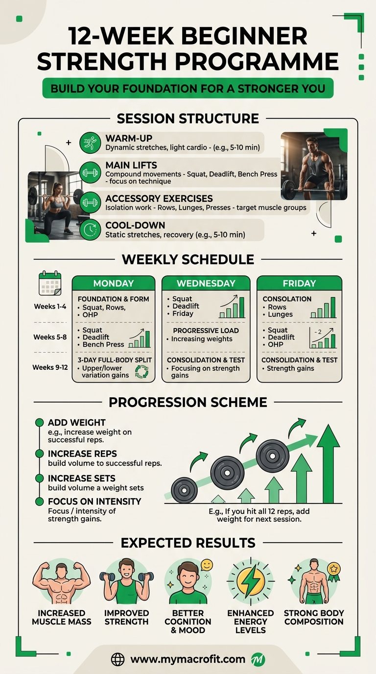 12-week beginner strength programme, session structure, weekly layout, progression scheme and expected results