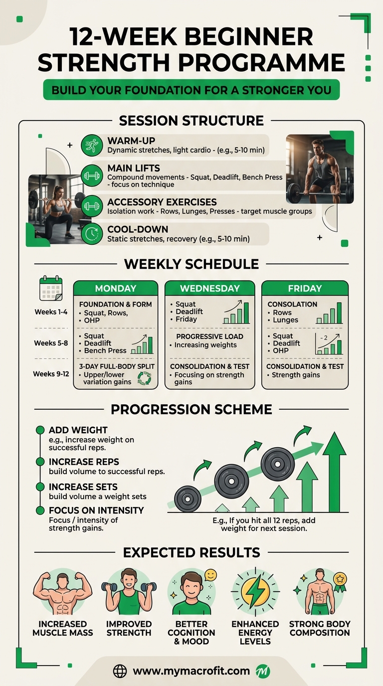12-week beginner strength programme, session structure, weekly layout, progression scheme and expected results