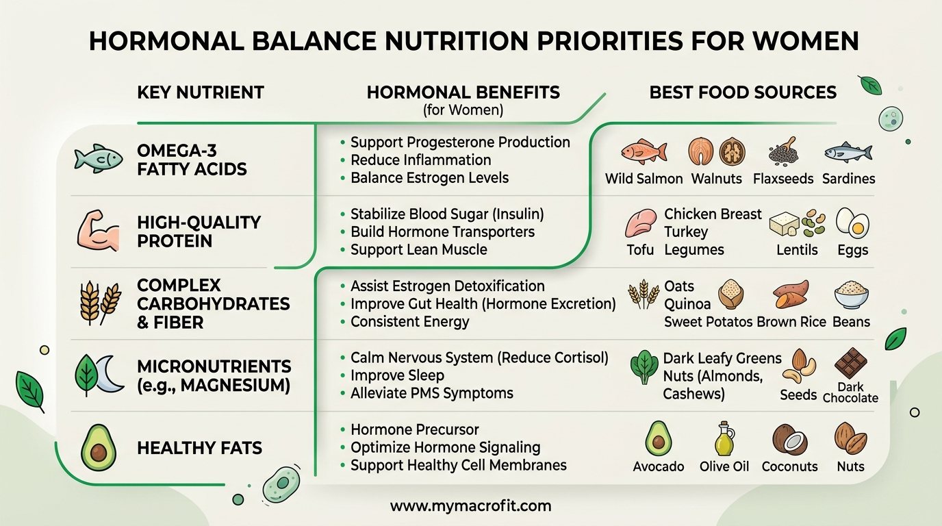 Hormonal balance nutrition priorities, key nutrients, best food sources and their hormonal benefits for women