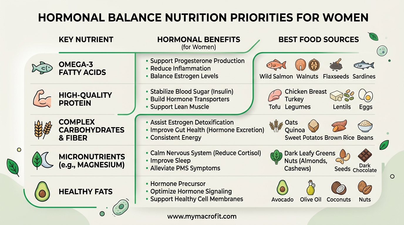 Hormonal balance nutrition priorities, key nutrients, best food sources and their hormonal benefits for women
