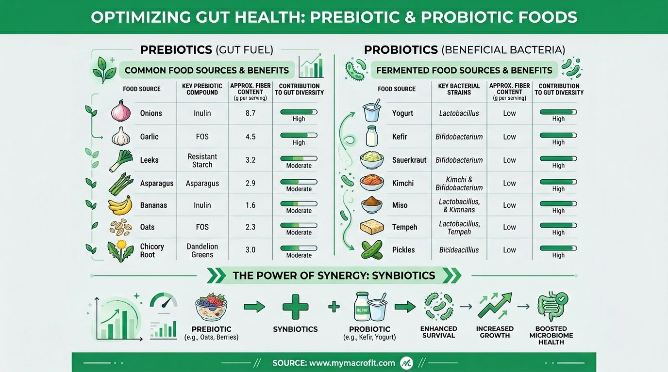 Prebiotic and probiotic food sources for gut health, showing bacterial diversity contribution and prebiotic fibre content