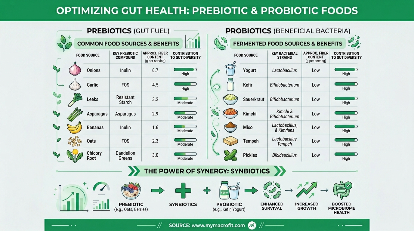Prebiotic and probiotic food sources for gut health, showing bacterial diversity contribution and prebiotic fibre content