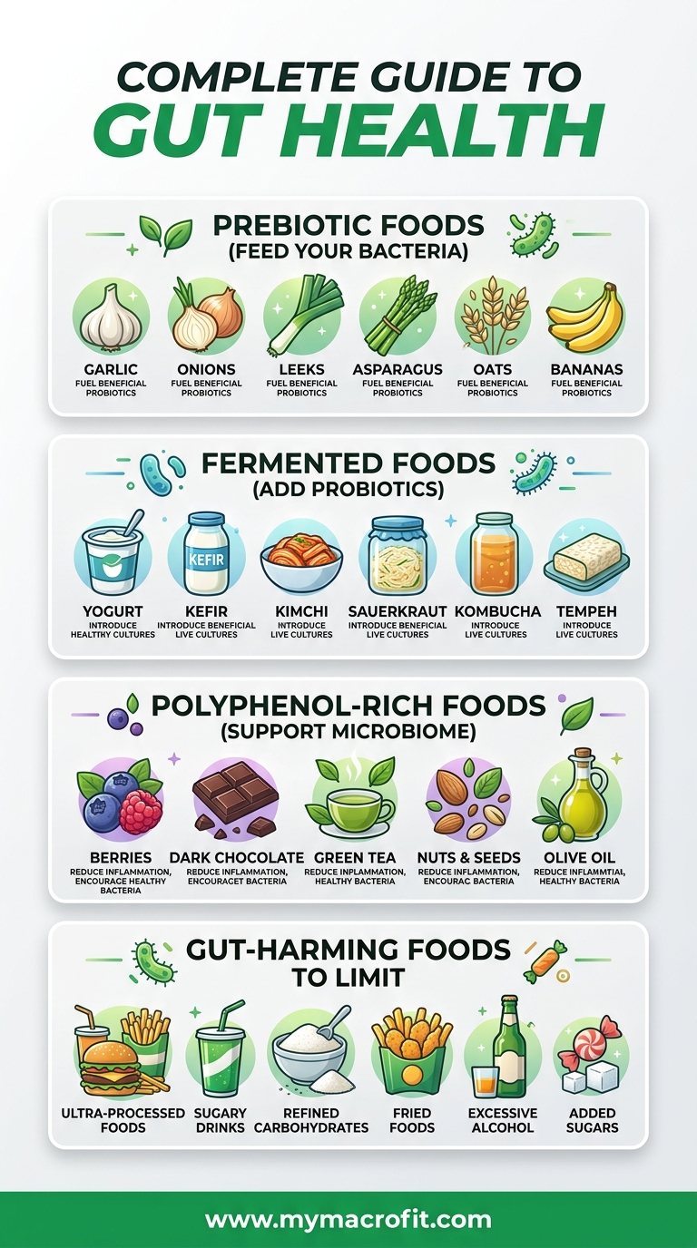 Best foods for gut health, prebiotic foods, fermented foods, polyphenol-rich foods, and gut-harming foods to limit