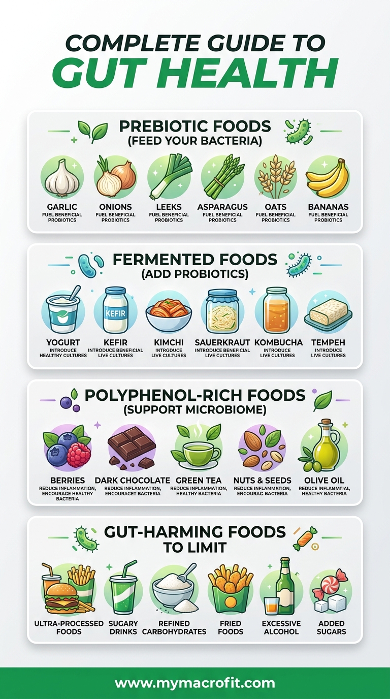 Best foods for gut health, prebiotic foods, fermented foods, polyphenol-rich foods, and gut-harming foods to limit