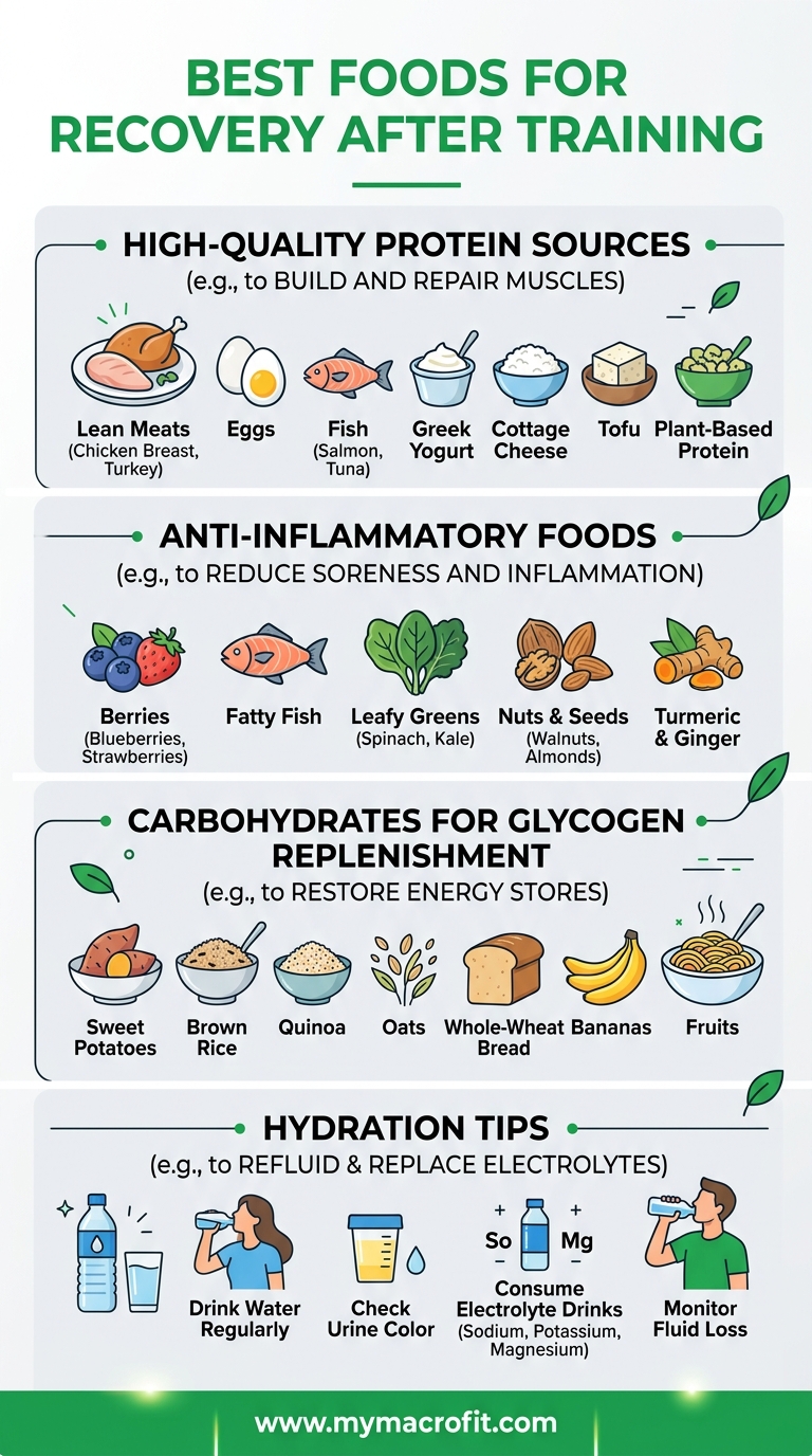 Best foods for recovery after training, protein sources, anti-inflammatory foods, carbohydrates for glycogen, and hydration