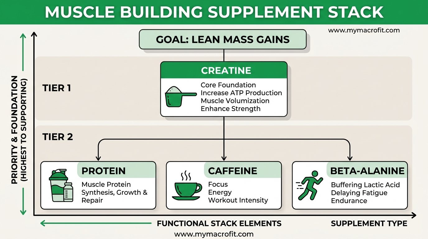 Muscle building supplement stack hierarchy, showing creatine as tier 1, protein/caffeine/beta-alanine as tier 2 with expected additional lean mass