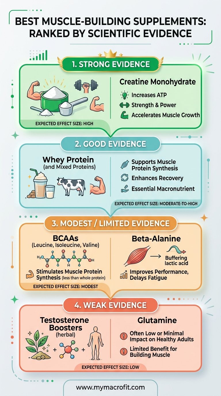 Best muscle building supplements ranked by evidence, from strong evidence to weak evidence with expected effect sizes