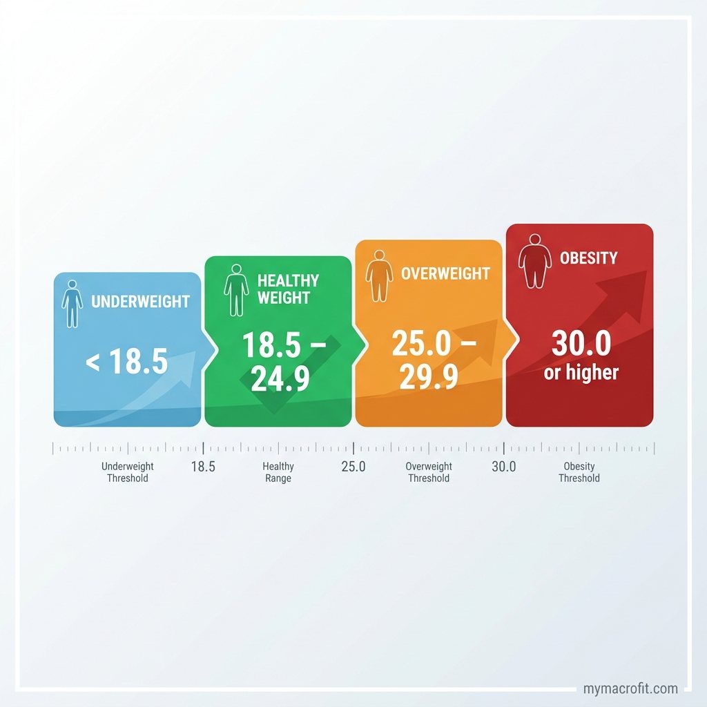 BMI chart explained, colour-coded scale showing underweight, healthy, overweight and obese ranges