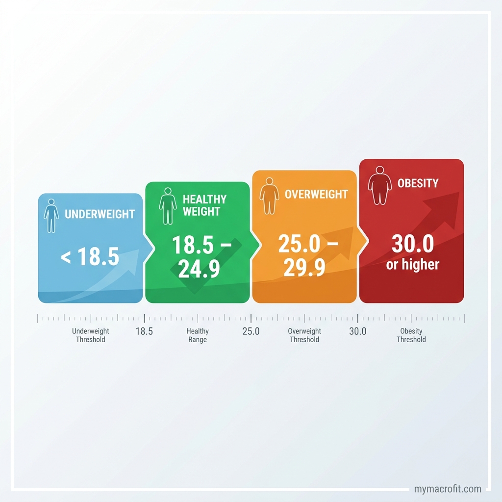 BMI chart explained, colour-coded scale showing underweight, healthy, overweight and obese ranges