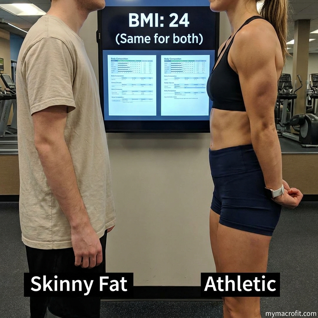 Health metrics comparison chart, body fat percentage, waist circumference, resting heart rate and other markers vs BMI
