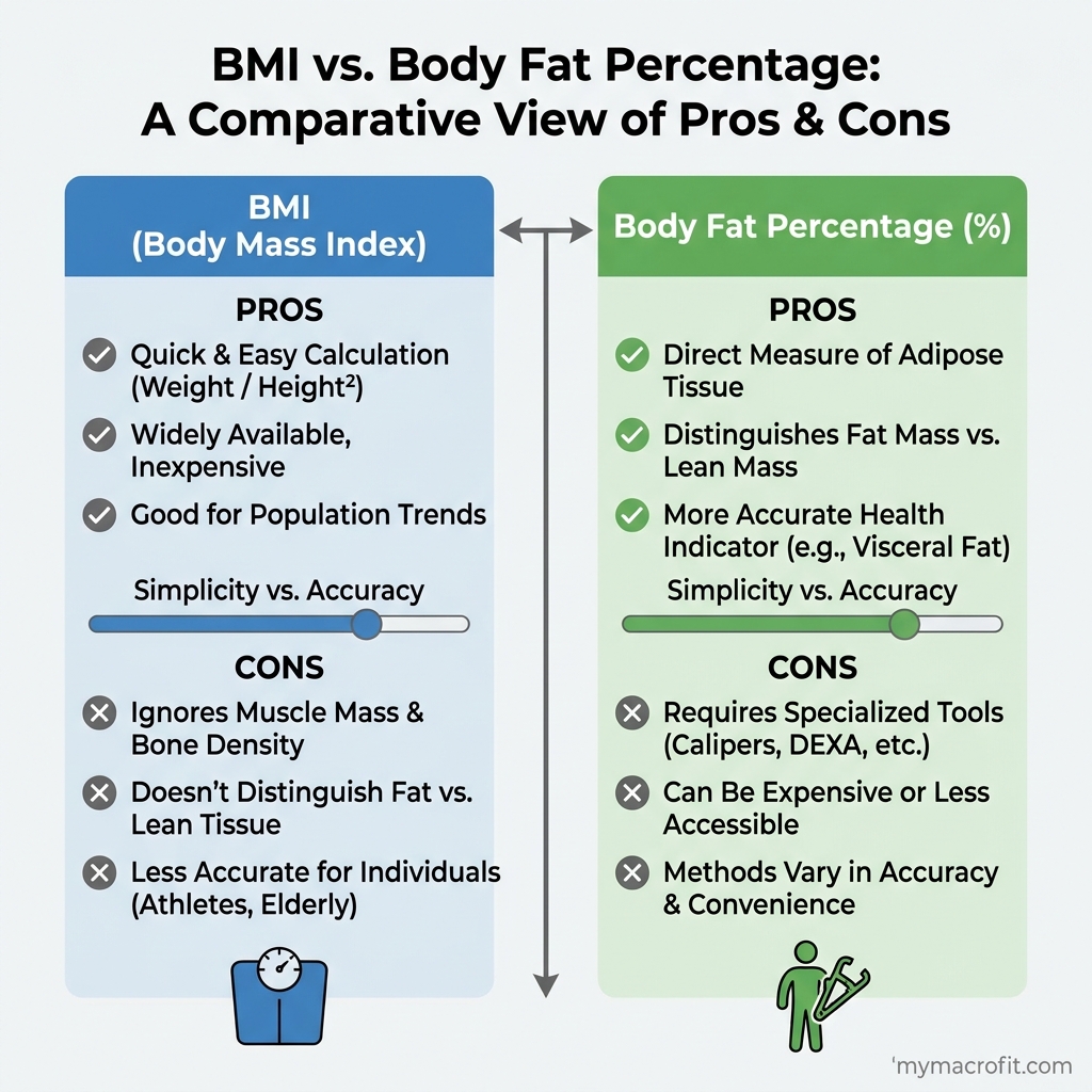 BMI vs body fat percentage, side-by-side comparison of what each metric measures and which is more useful