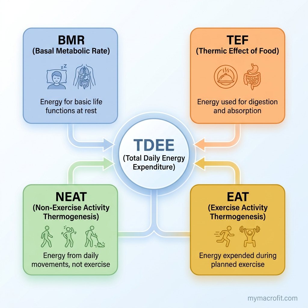 BMR to TDEE calculation diagram, Mifflin-St Jeor formula steps with activity multiplier applied to reach TDEE