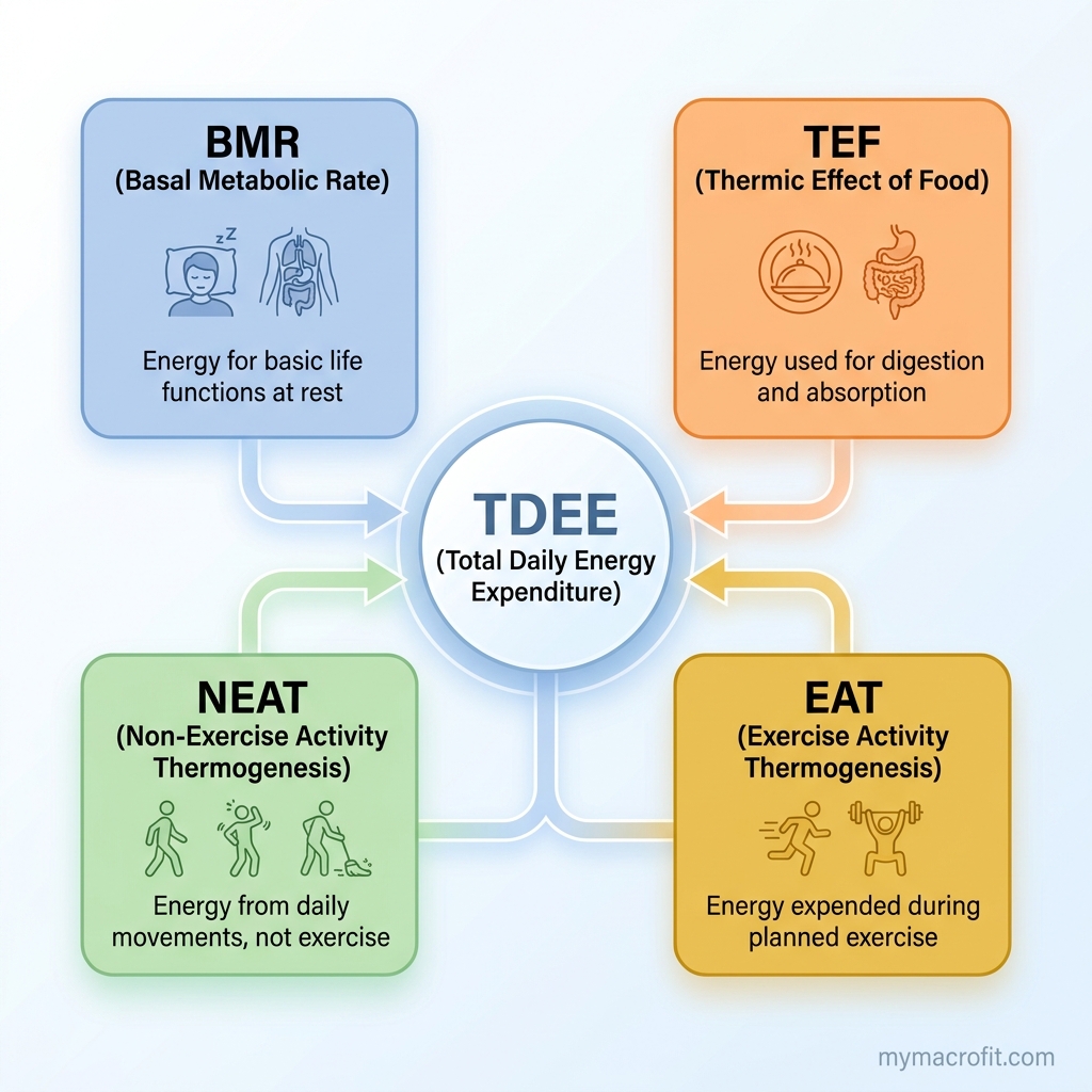 BMR to TDEE calculation diagram, Mifflin-St Jeor formula steps with activity multiplier applied to reach TDEE
