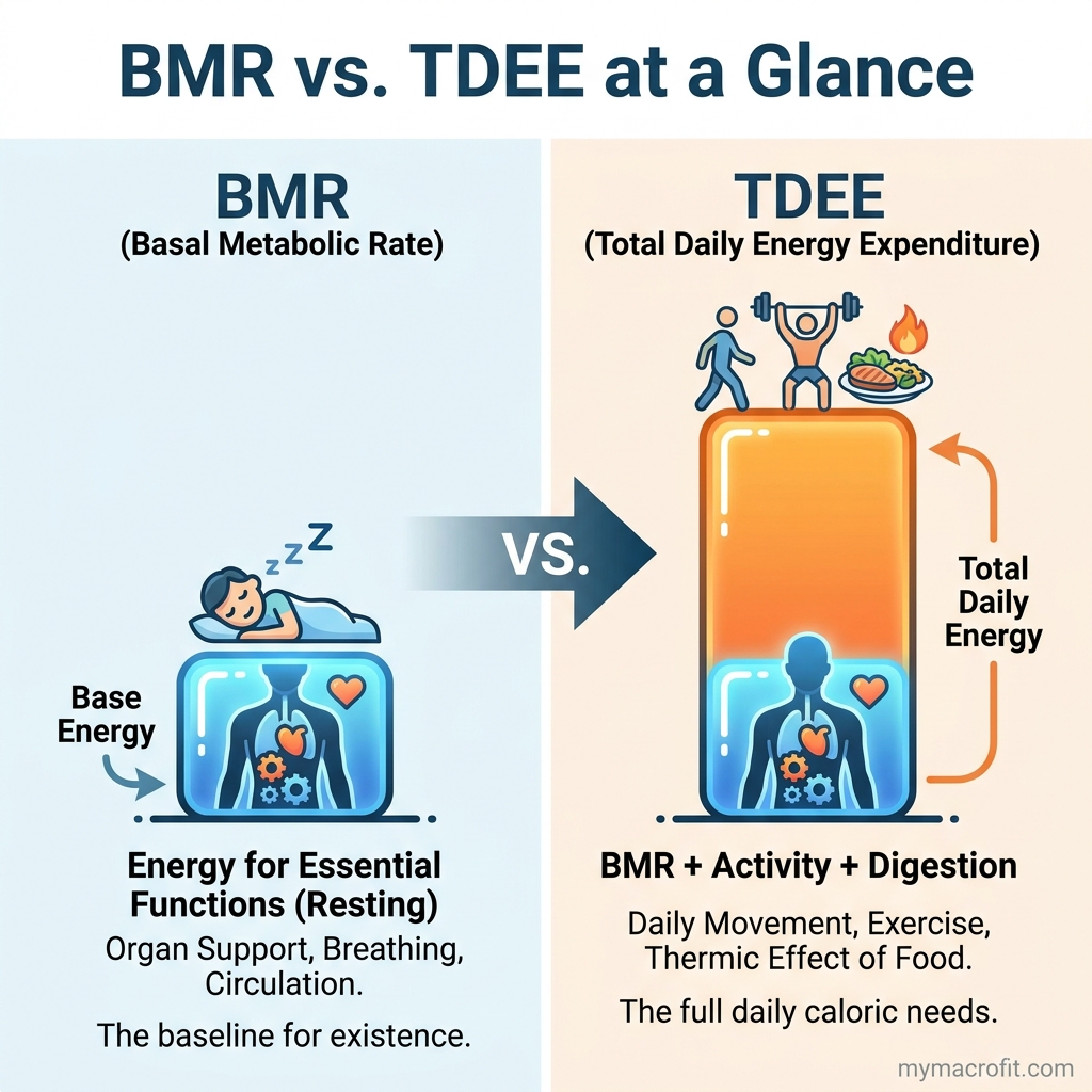 BMR vs TDEE, side by side comparison infographic
